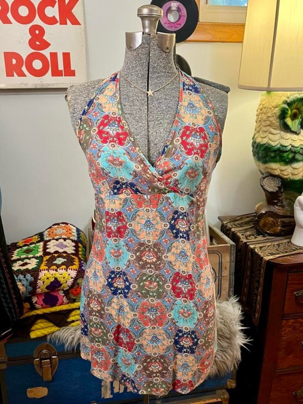 60s BIBA Paisley Halter Floral Print Dress